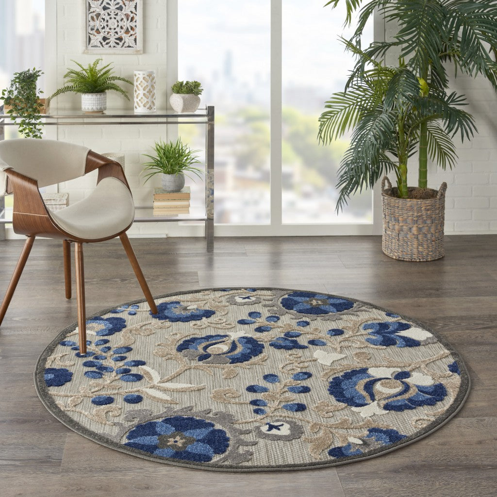 4' Round Blue And Gray Round Floral Indoor Outdoor Area Rug