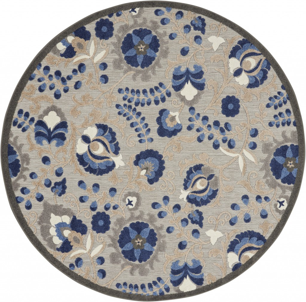 5' Round Blue And Gray Round Floral Indoor Outdoor Area Rug