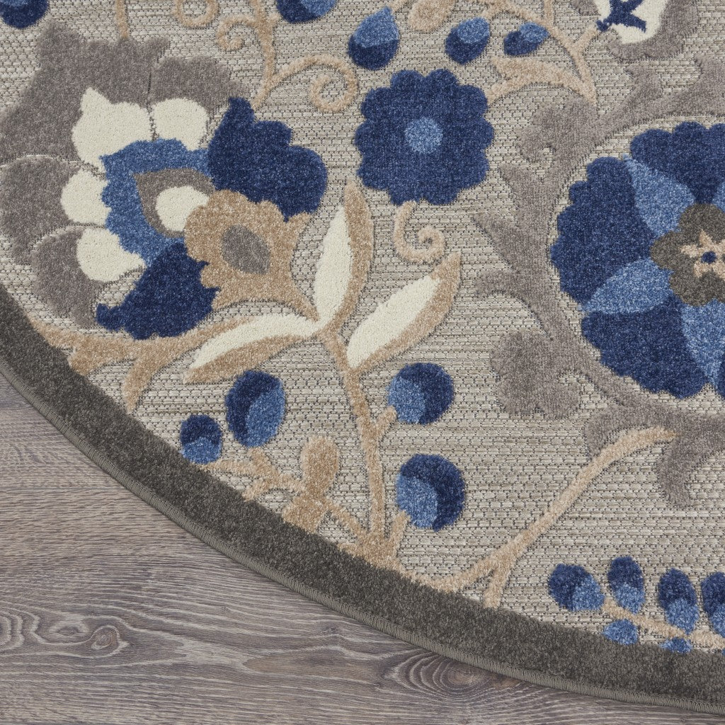 5' Round Blue And Gray Round Floral Indoor Outdoor Area Rug