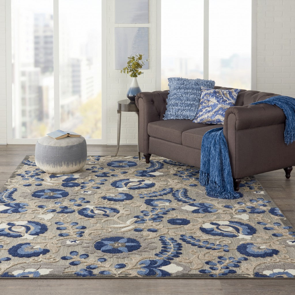 7' X 10' Blue And Gray Floral Indoor Outdoor Area Rug