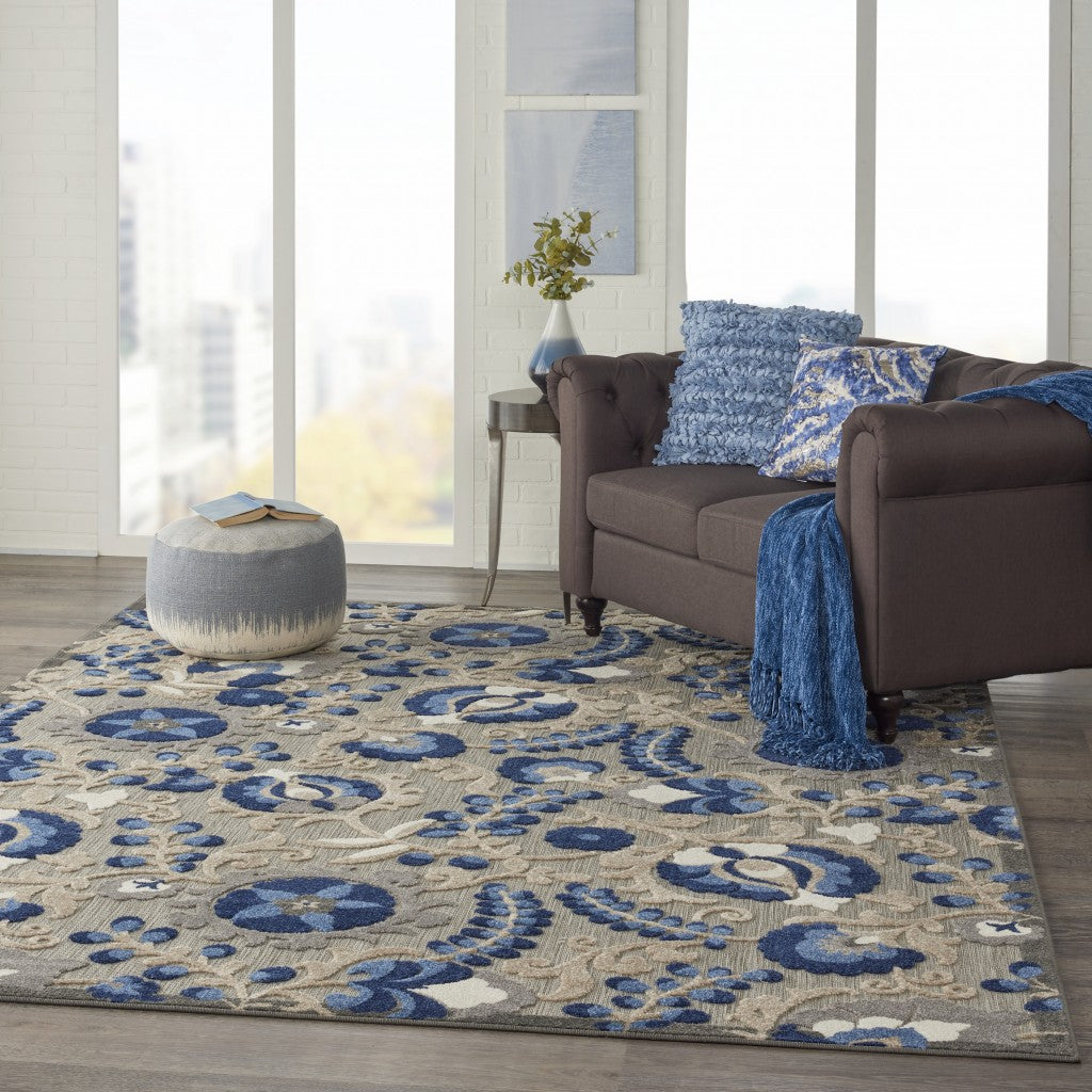 7' X 10' Blue And Gray Floral Indoor Outdoor Area Rug