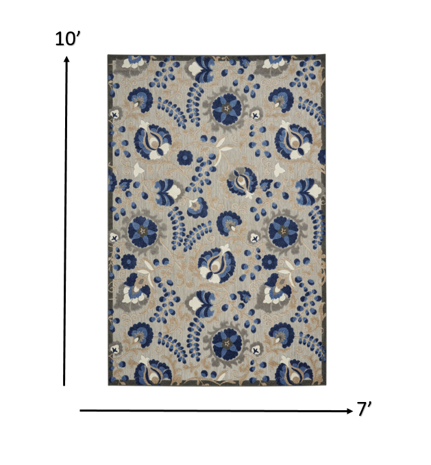 7' X 10' Blue And Gray Floral Indoor Outdoor Area Rug