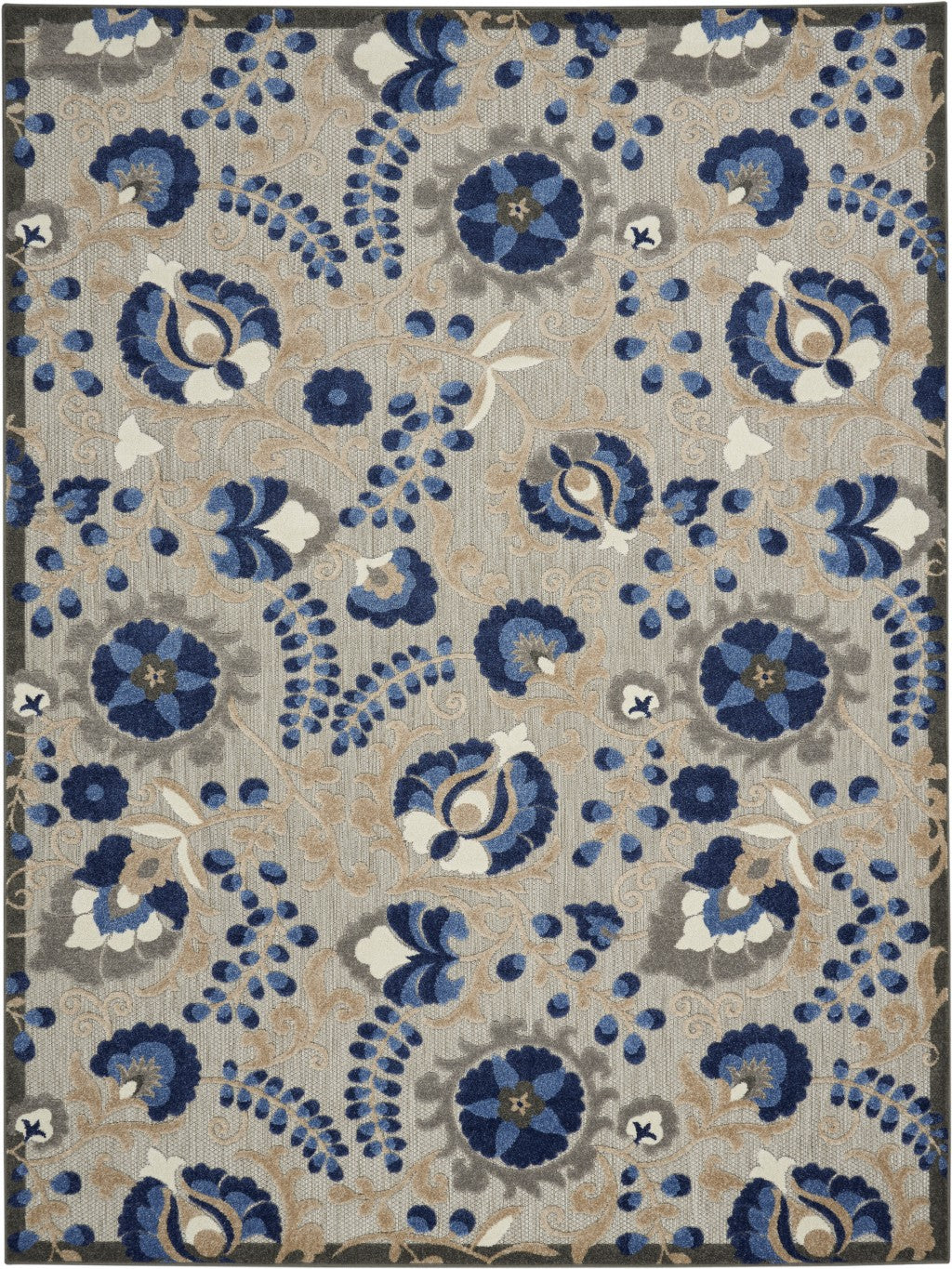 8' X 11' Blue And Gray Floral Indoor Outdoor Area Rug