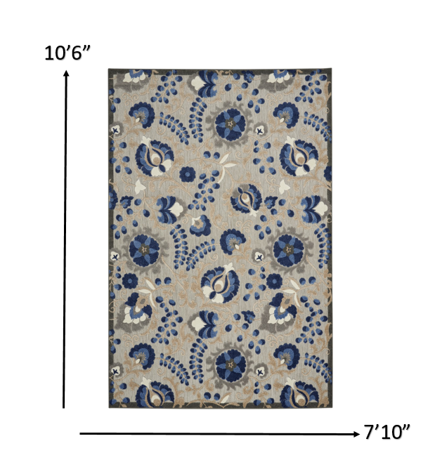 8' X 11' Blue And Gray Floral Indoor Outdoor Area Rug