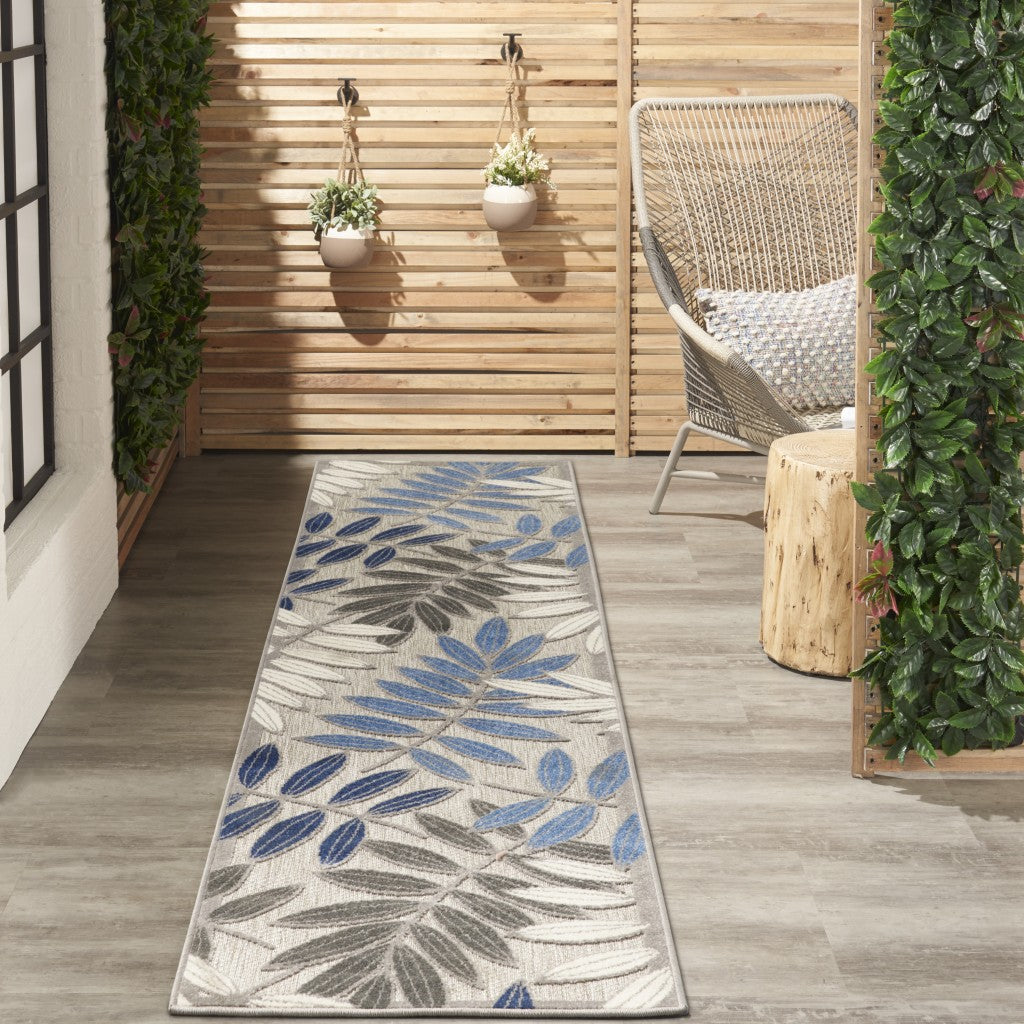 2' X 6' Grey/Blue Floral Indoor Outdoor Area Rug