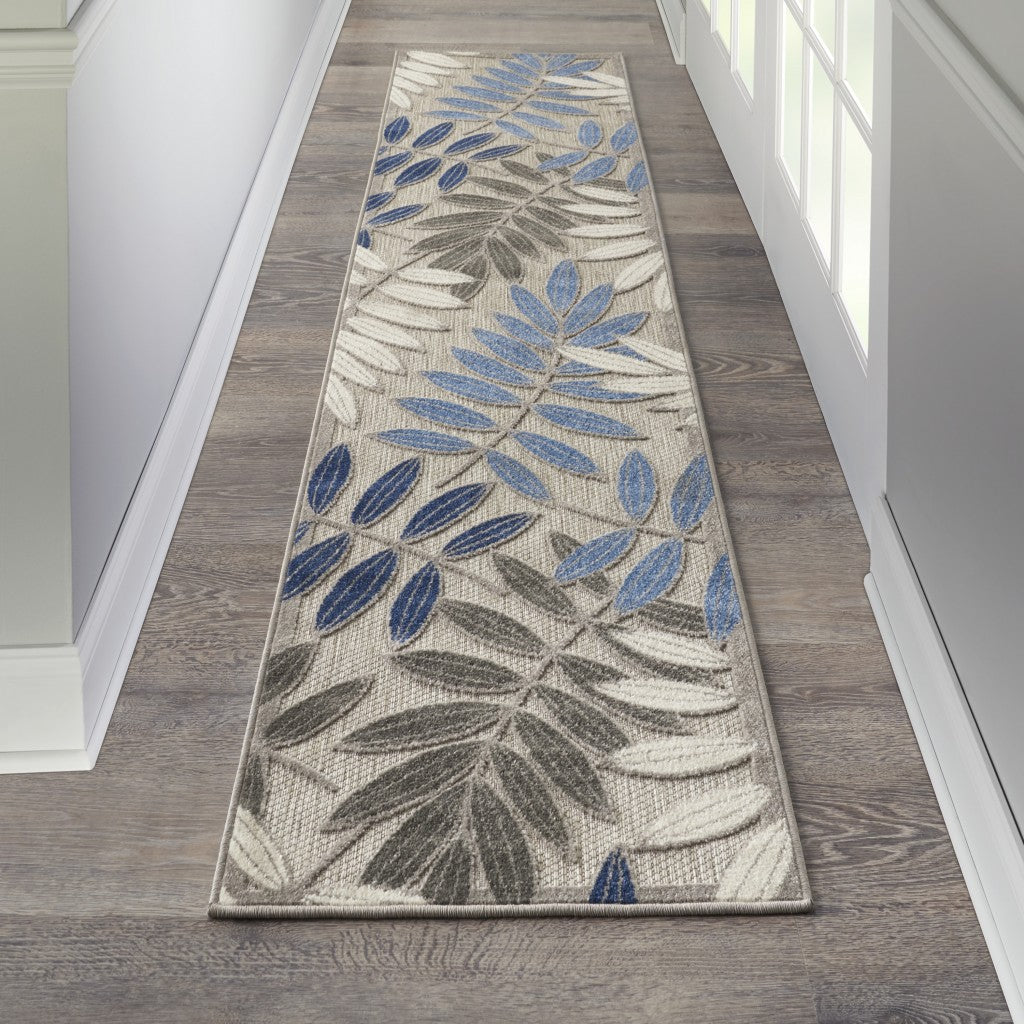 2' X 10' Grey/Blue Floral Indoor Outdoor Area Rug