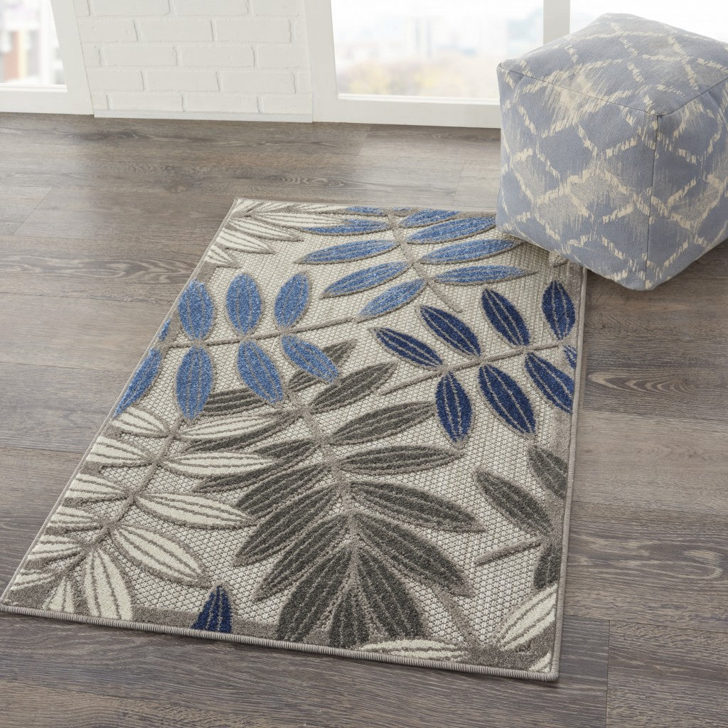 3' X 4' Blue And Gray Floral Indoor Outdoor Area Rug