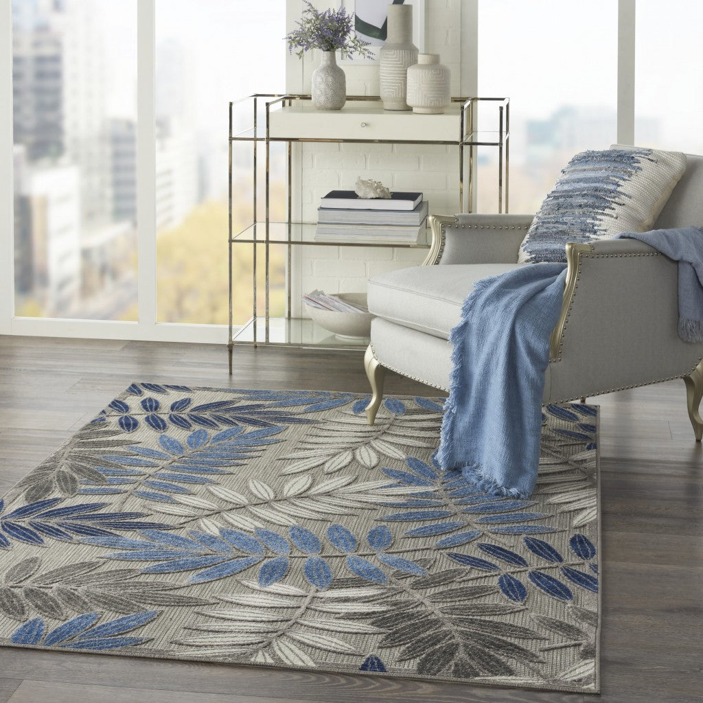 4' X 6' Grey/Blue Floral Indoor Outdoor Area Rug