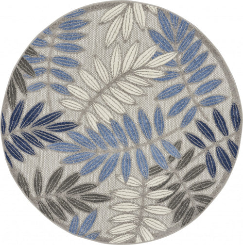 4' Round Blue And Gray Round Floral Indoor Outdoor Area Rug