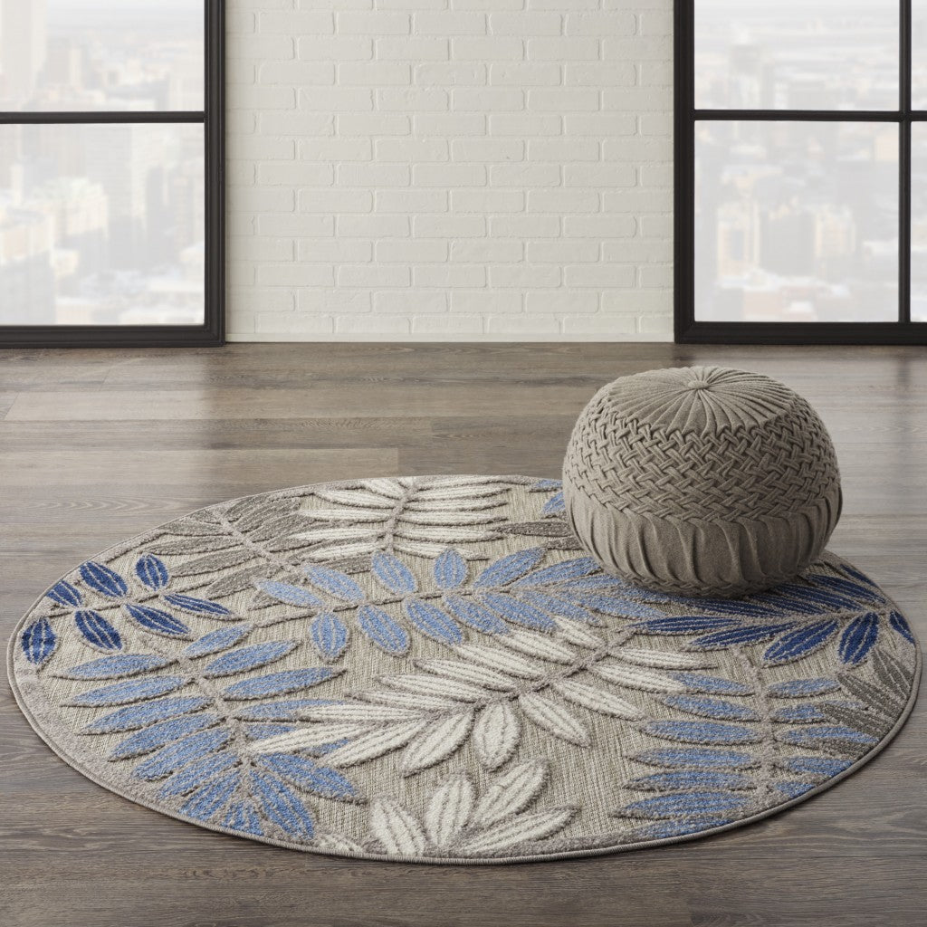 4' Round Blue And Gray Round Floral Indoor Outdoor Area Rug