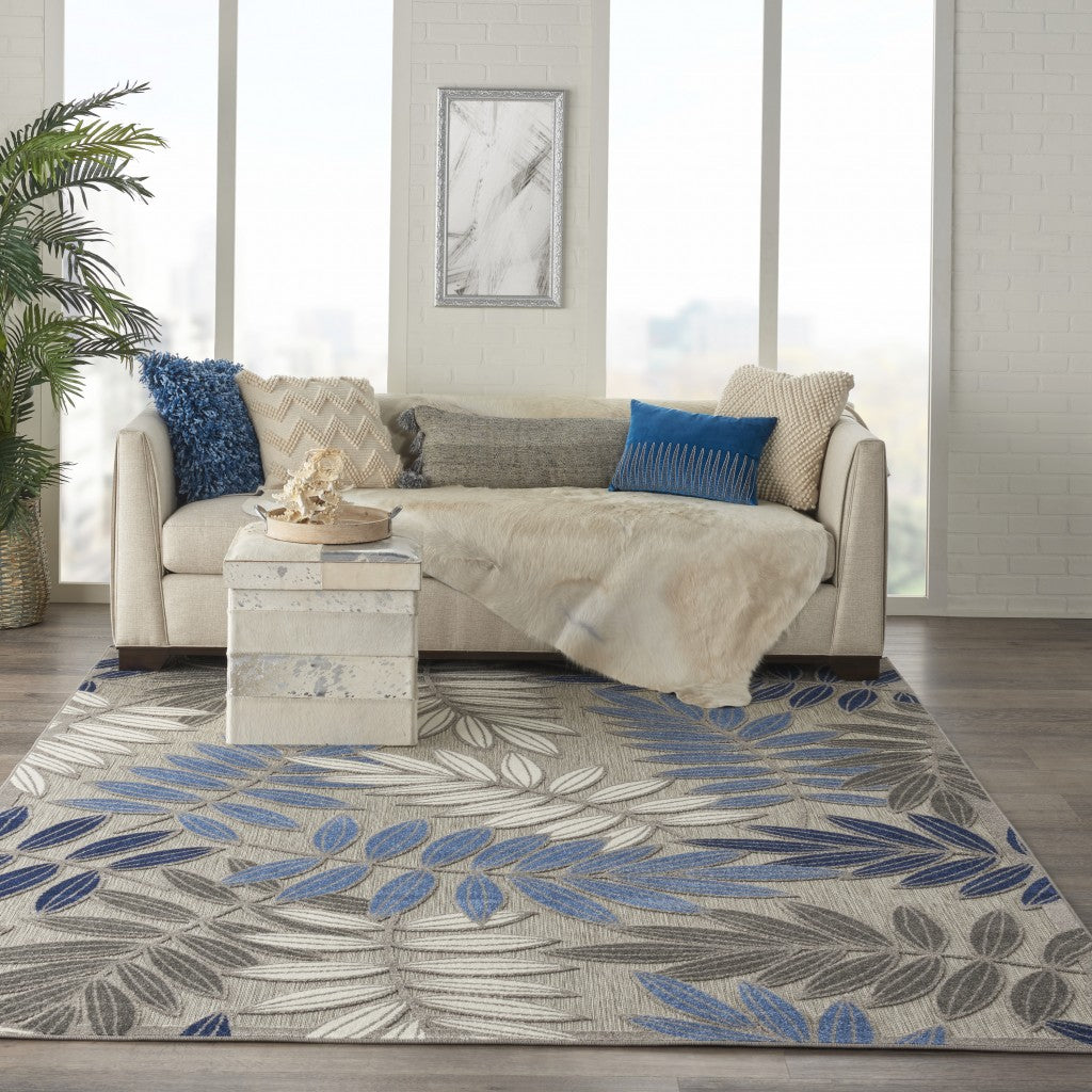 8’ X 11’ Gray And Blue Leaves Indoor Outdoor Area Rug