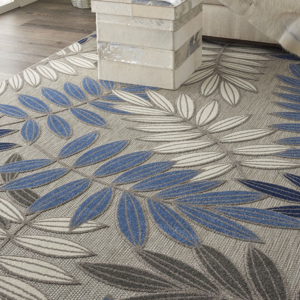 8’ X 11’ Gray And Blue Leaves Indoor Outdoor Area Rug