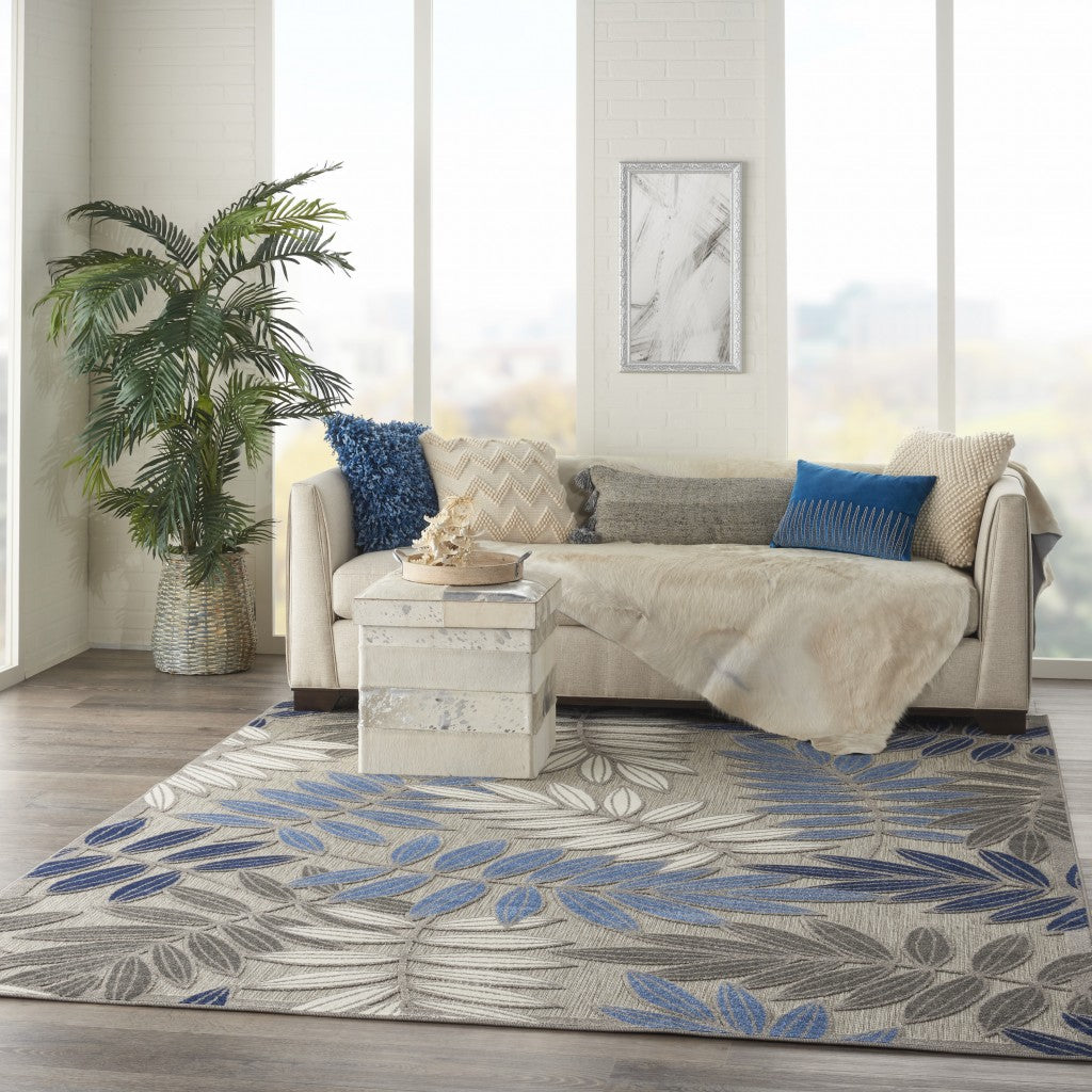 8’ X 11’ Gray And Blue Leaves Indoor Outdoor Area Rug