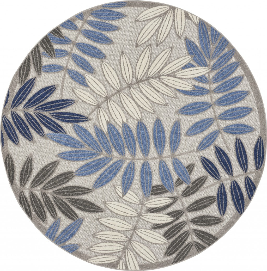 8' Round Blue And Gray Round Floral Indoor Outdoor Area Rug