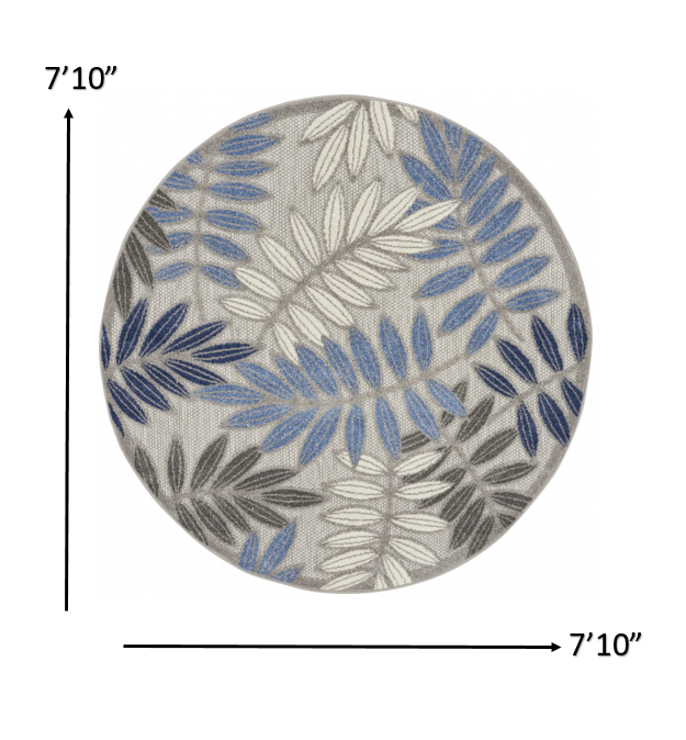 8' Round Blue And Gray Round Floral Indoor Outdoor Area Rug