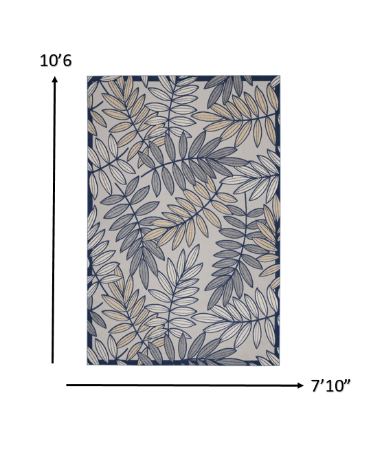 8' X 11' Ivory And Blue Floral Indoor Outdoor Area Rug