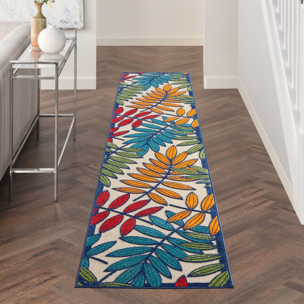 12' Runner Ivory And Blue Floral Stain Resistant Indoor Outdoor Runner Rug