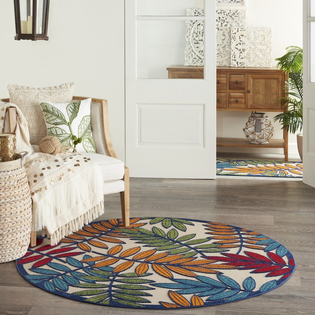 5' Round Ivory And Blue Round Floral Indoor Outdoor Area Rug