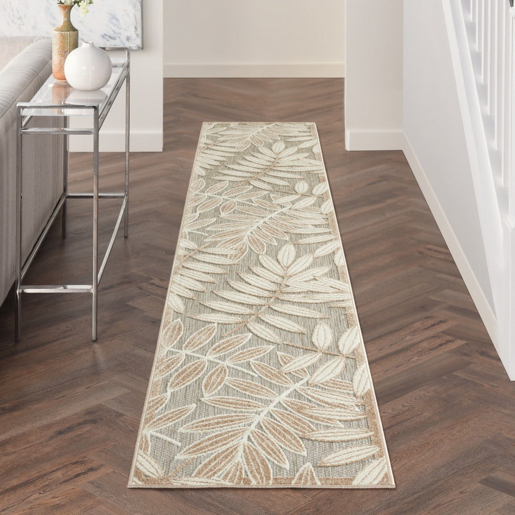 12' Runner Gray And Ivory Floral Indoor Outdoor Runner Rug