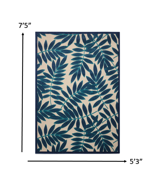 5' X 8' Blue And Ivory Floral Indoor Outdoor Area Rug