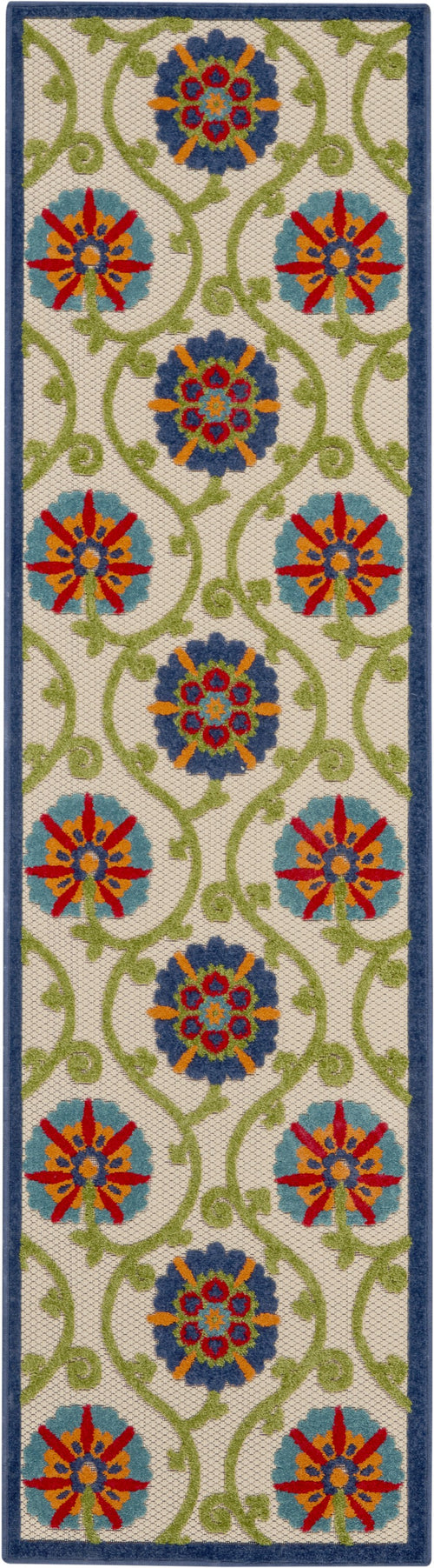 2' X 6' Ivory And Blue Floral Indoor Outdoor Area Rug