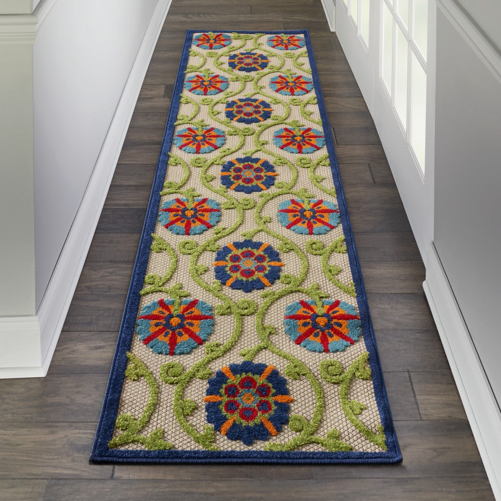 2' X 6' Ivory And Blue Floral Indoor Outdoor Area Rug