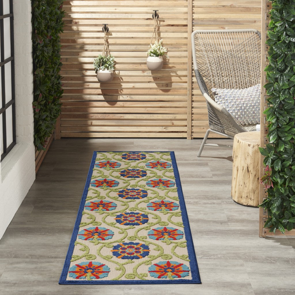 2' X 6' Ivory And Blue Floral Indoor Outdoor Area Rug