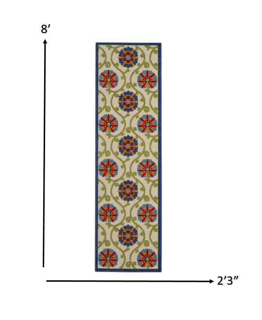 2' X 8' Ivory And Blue Floral Indoor Outdoor Area Rug