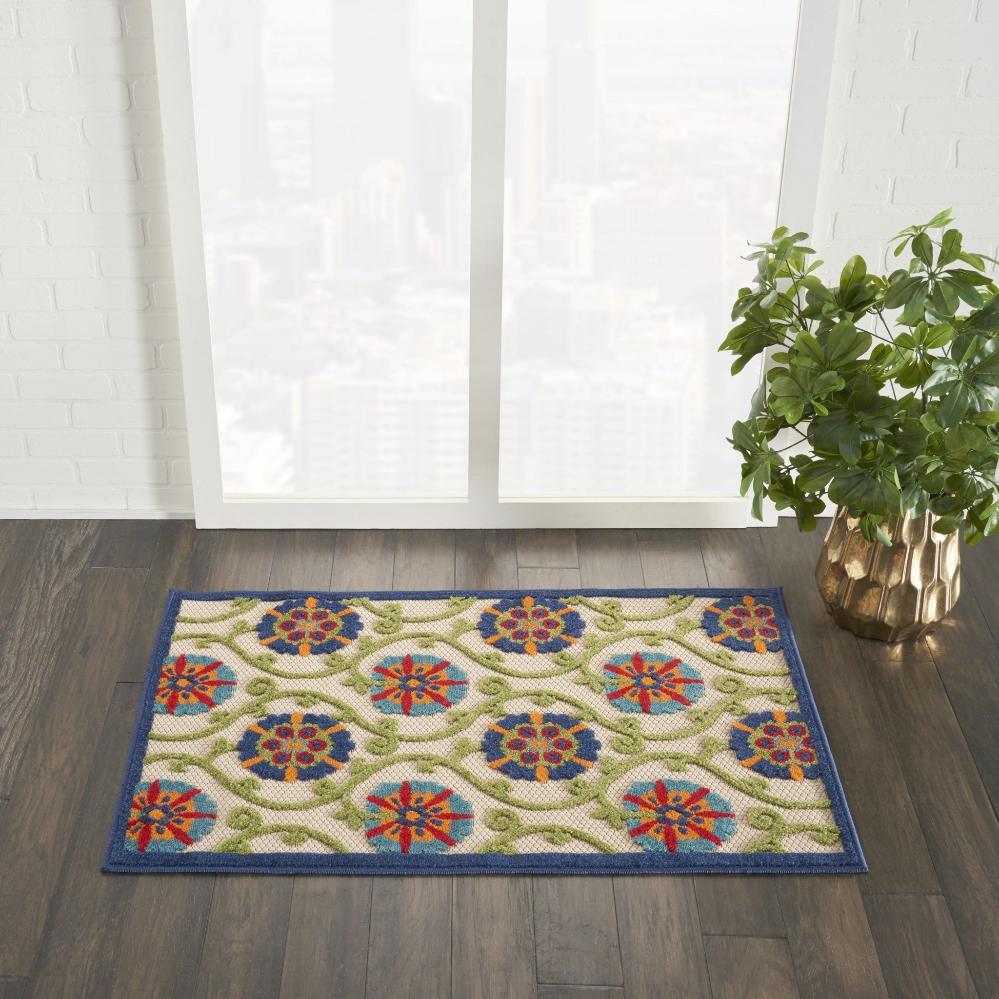 3' X 4' Ivory And Blue Floral Indoor Outdoor Area Rug