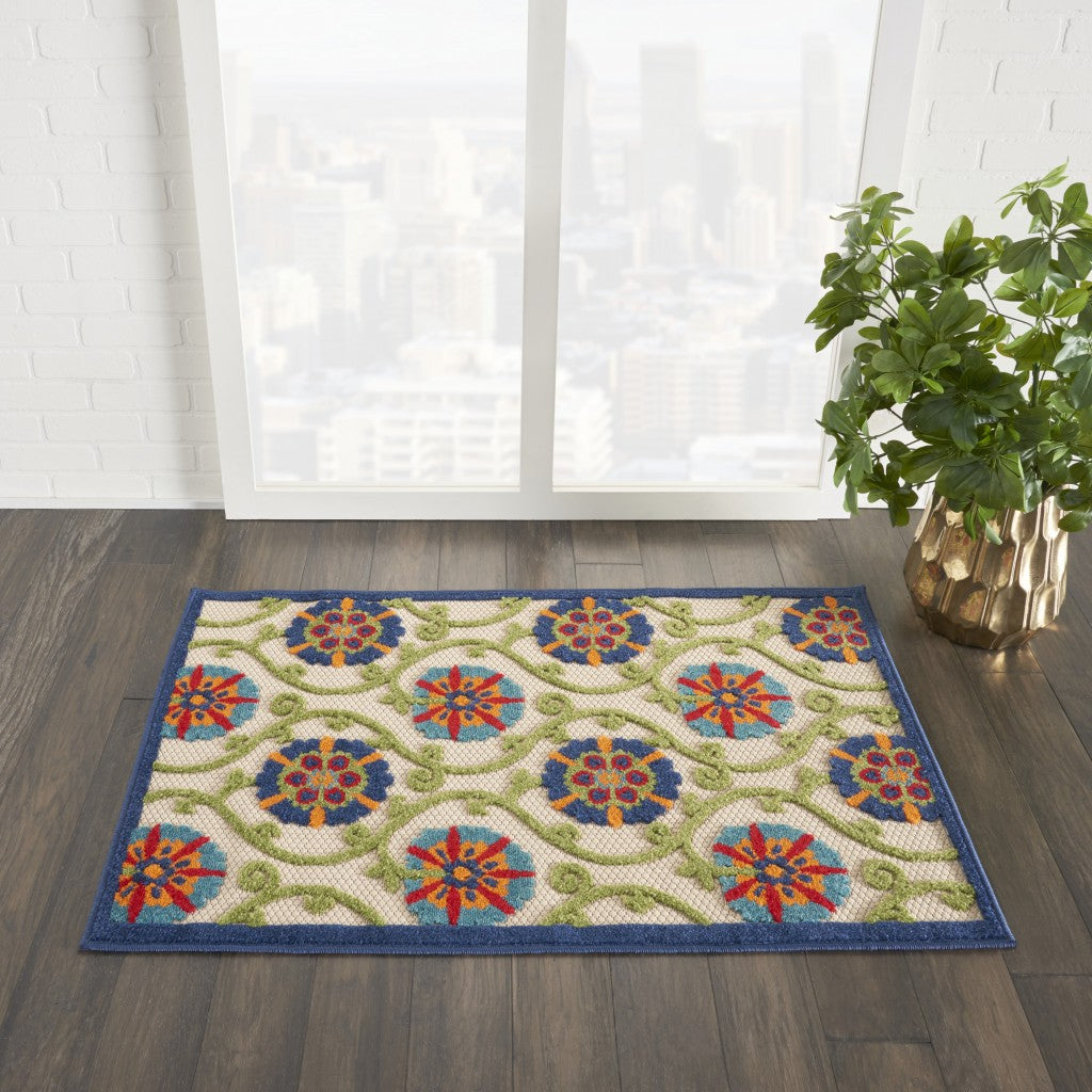 3' X 4' Ivory And Blue Floral Indoor Outdoor Area Rug