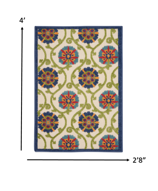 3' X 4' Ivory And Blue Floral Indoor Outdoor Area Rug