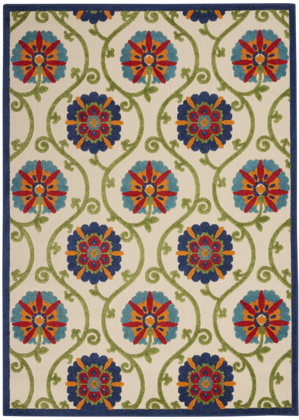 4' X 6' Ivory And Blue Floral Indoor Outdoor Area Rug