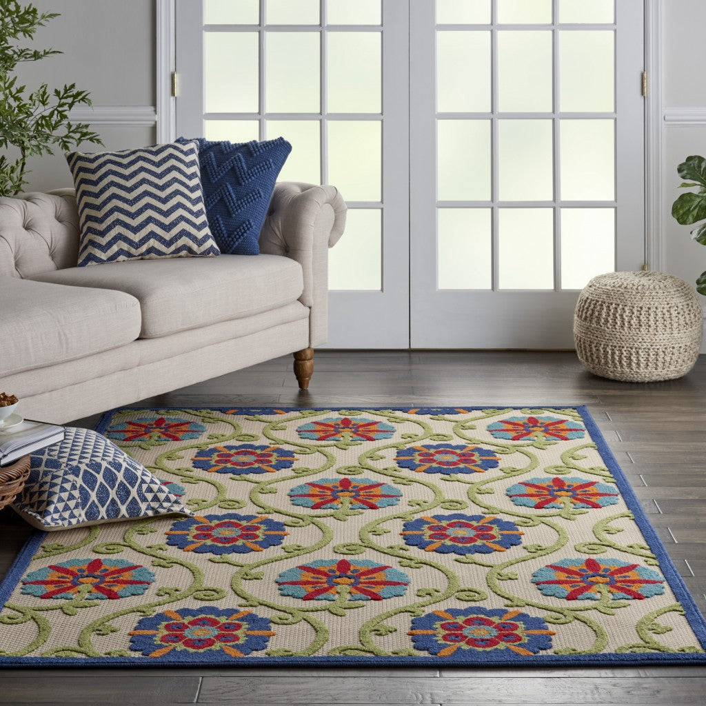 4' X 6' Ivory And Blue Floral Indoor Outdoor Area Rug