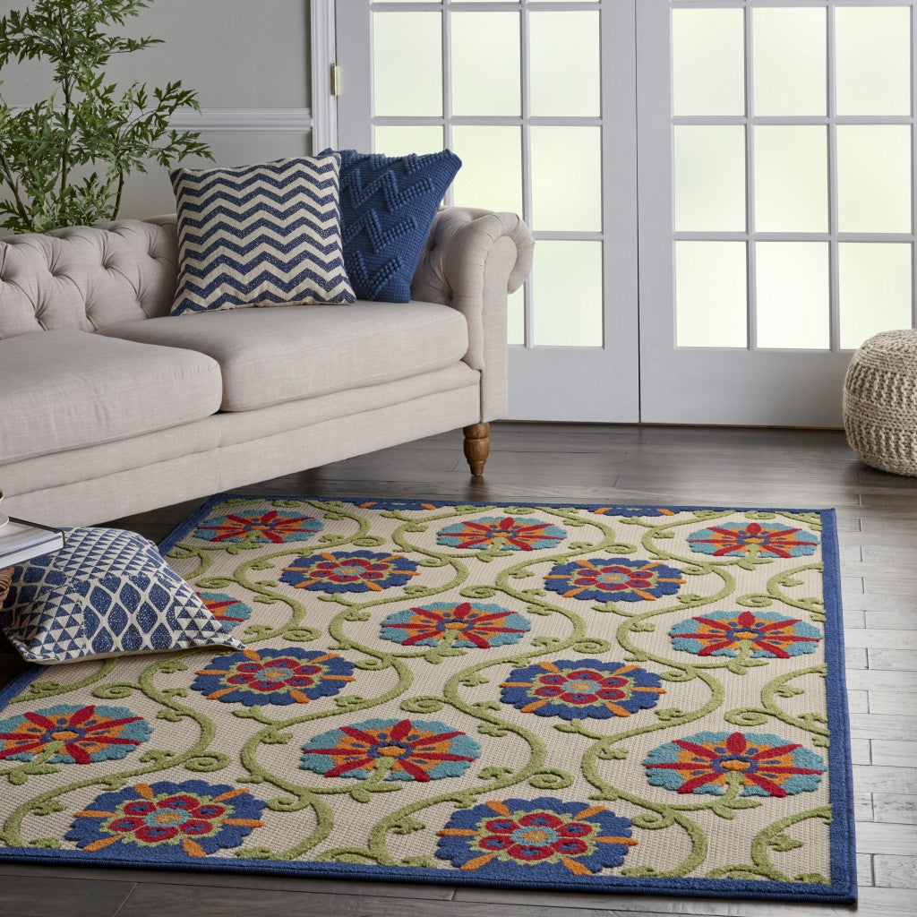 4' X 6' Ivory And Blue Floral Indoor Outdoor Area Rug