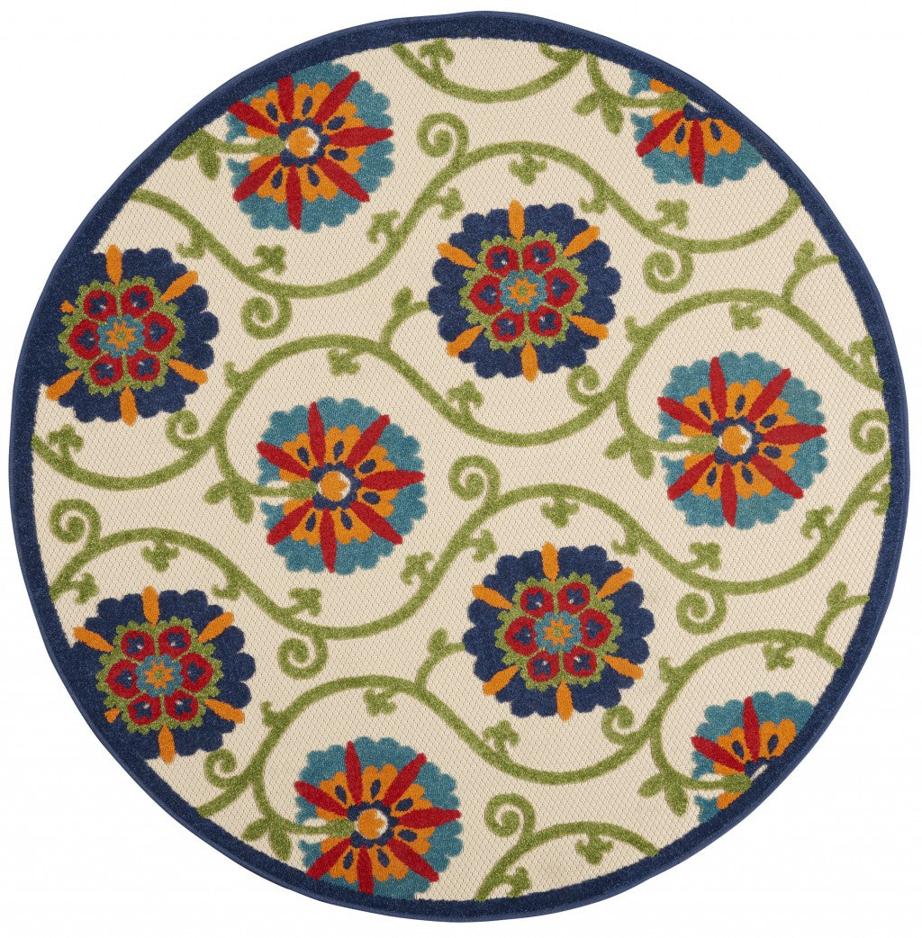 4' Round Ivory And Blue Round Floral Indoor Outdoor Area Rug