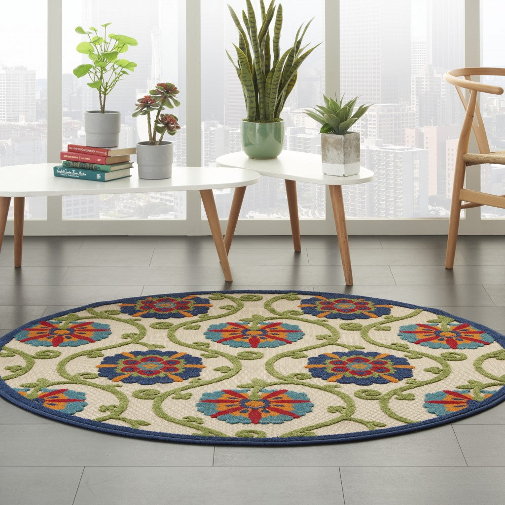 4' Round Ivory And Blue Round Floral Indoor Outdoor Area Rug