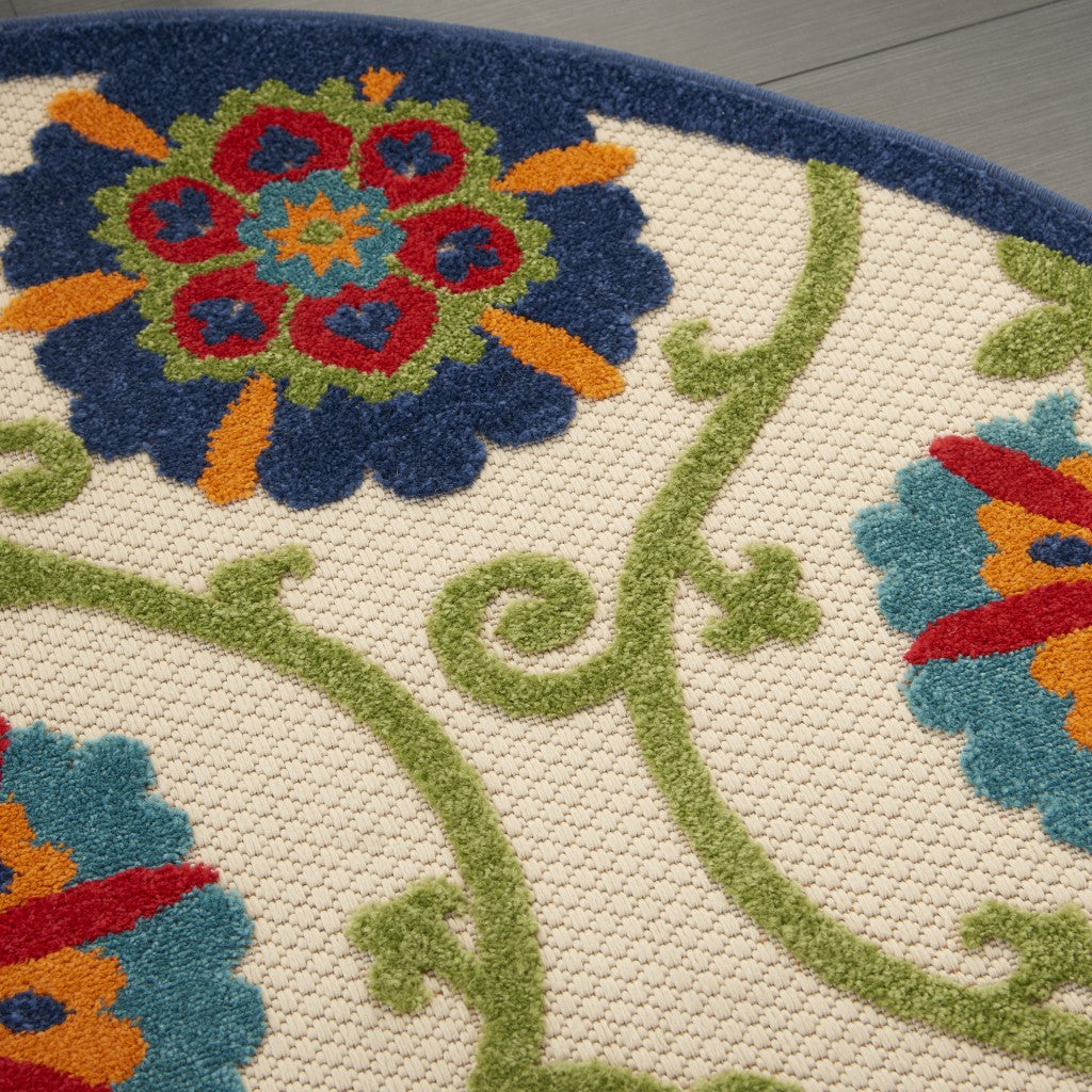 4' Round Ivory And Blue Round Floral Indoor Outdoor Area Rug