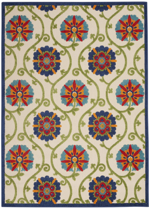 7' X 10' Ivory And Blue Floral Indoor Outdoor Area Rug