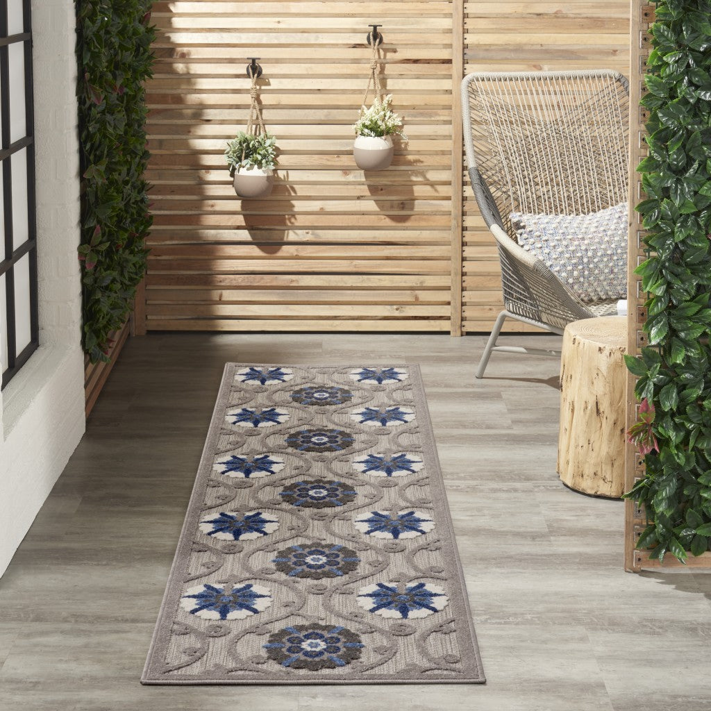 2' X 6' Blue And Gray Floral Indoor Outdoor Area Rug