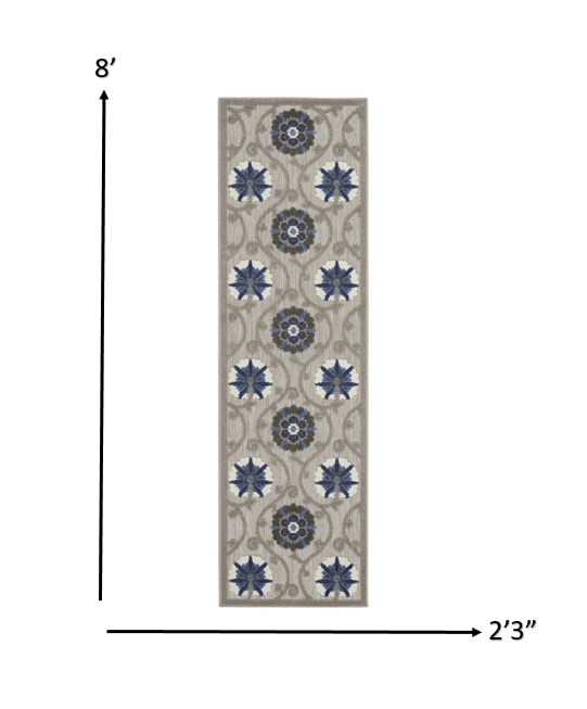 2' X 8' Blue And Gray Floral Indoor Outdoor Area Rug