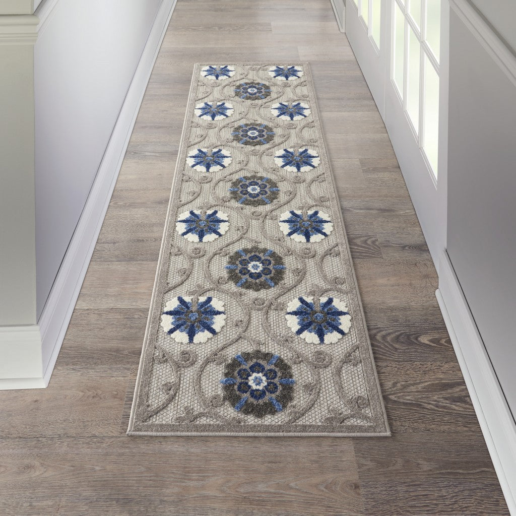 2' X 10' Blue And Gray Floral Indoor Outdoor Area Rug