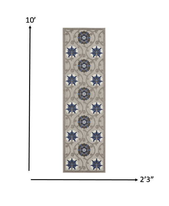 2' X 10' Blue And Gray Floral Indoor Outdoor Area Rug