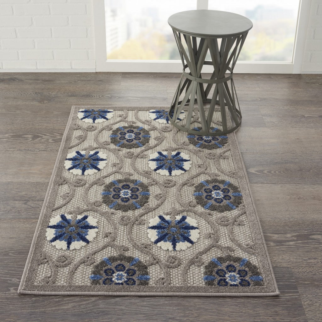 3' X 4' Blue And Gray Floral Indoor Outdoor Area Rug