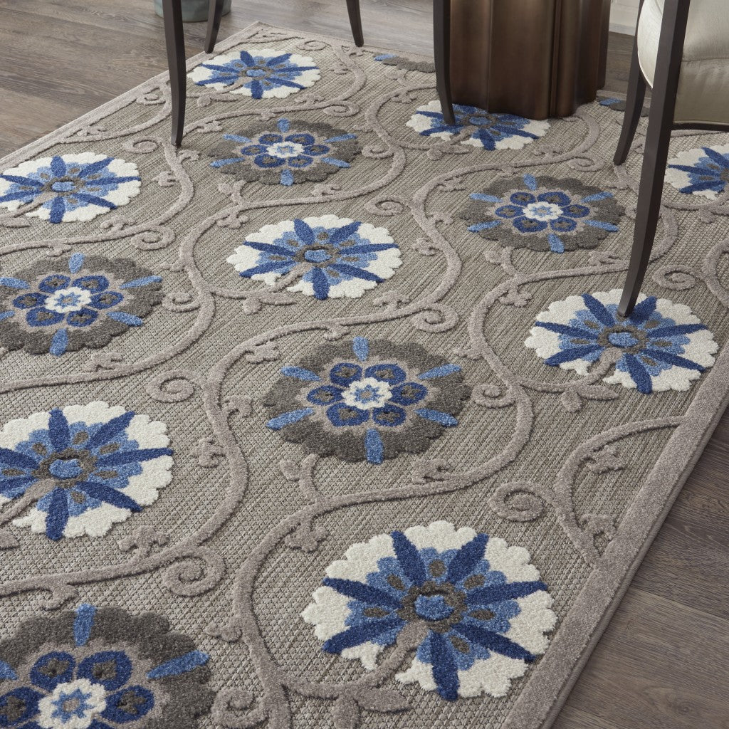 4' X 6' Blue And Gray Floral Indoor Outdoor Area Rug