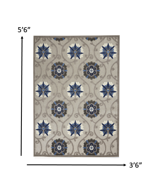 4' X 6' Blue And Gray Floral Indoor Outdoor Area Rug