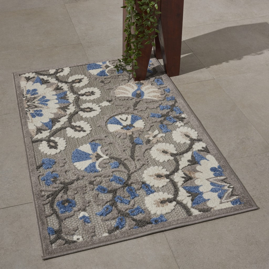 3' X 4' Blue And Gray Floral Indoor Outdoor Area Rug