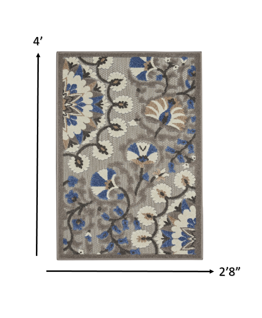 3' X 4' Blue And Gray Floral Indoor Outdoor Area Rug