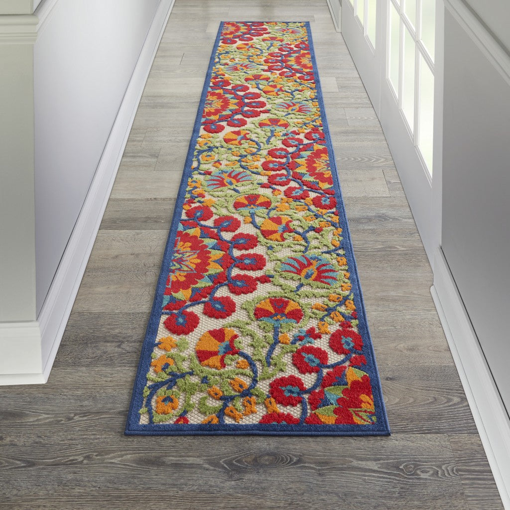 2' X 10' Red And Ivory Floral Indoor Outdoor Area Rug