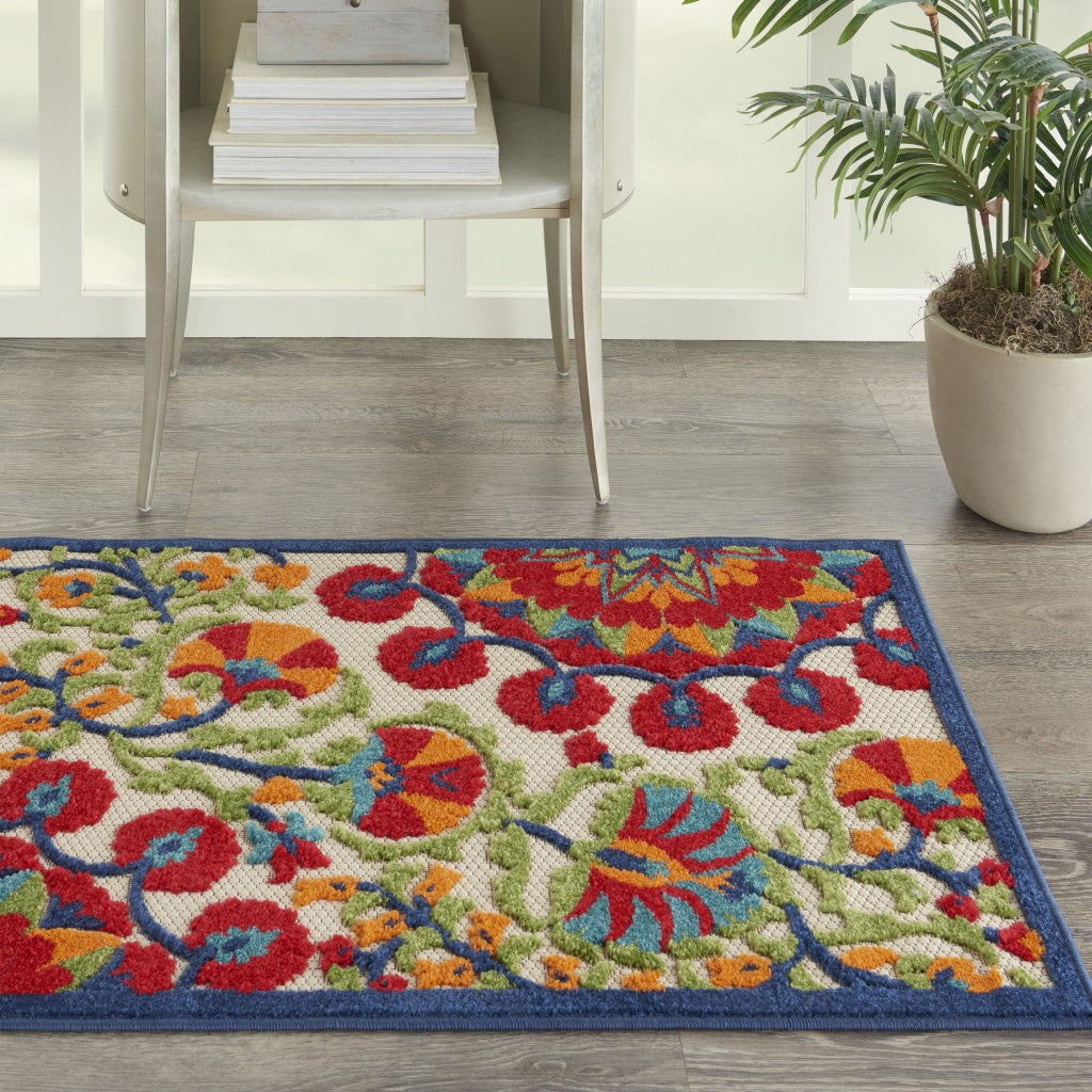 3' X 4' Red And Ivory Floral Indoor Outdoor Area Rug