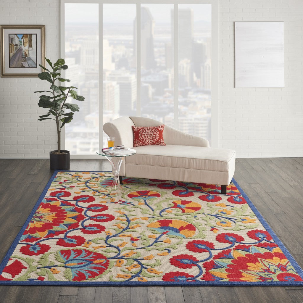 6' X 9' Red And Ivory Floral Indoor Outdoor Area Rug